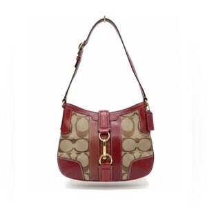 COACH Hampton Signature C Canvas Crimson Red Leather Embroidered Bag
